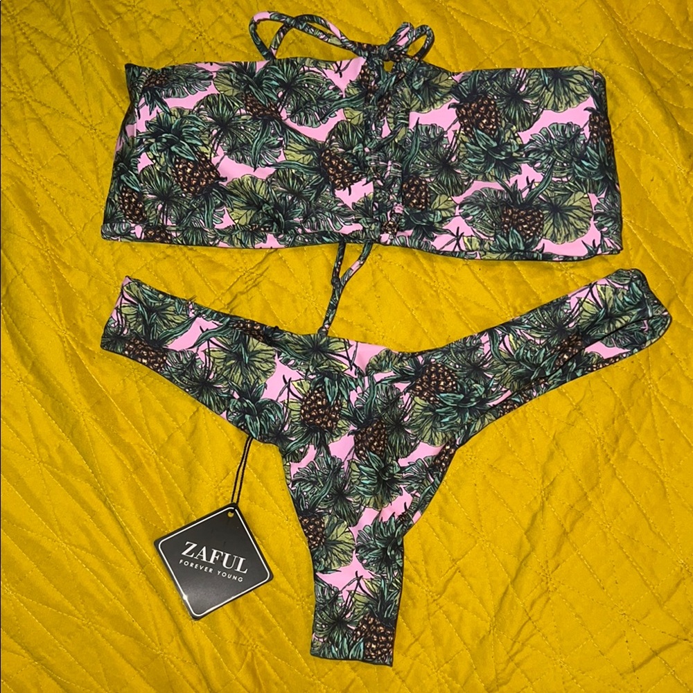 Zaful Leaf Print Bikini in Green and Pink